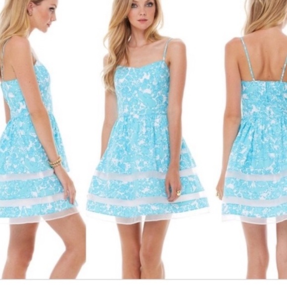 Lilly Pulitzer Ollie Fit and Flare Dress in Shorely Blue Sheer Panels Size 0 - Picture 1 of 6